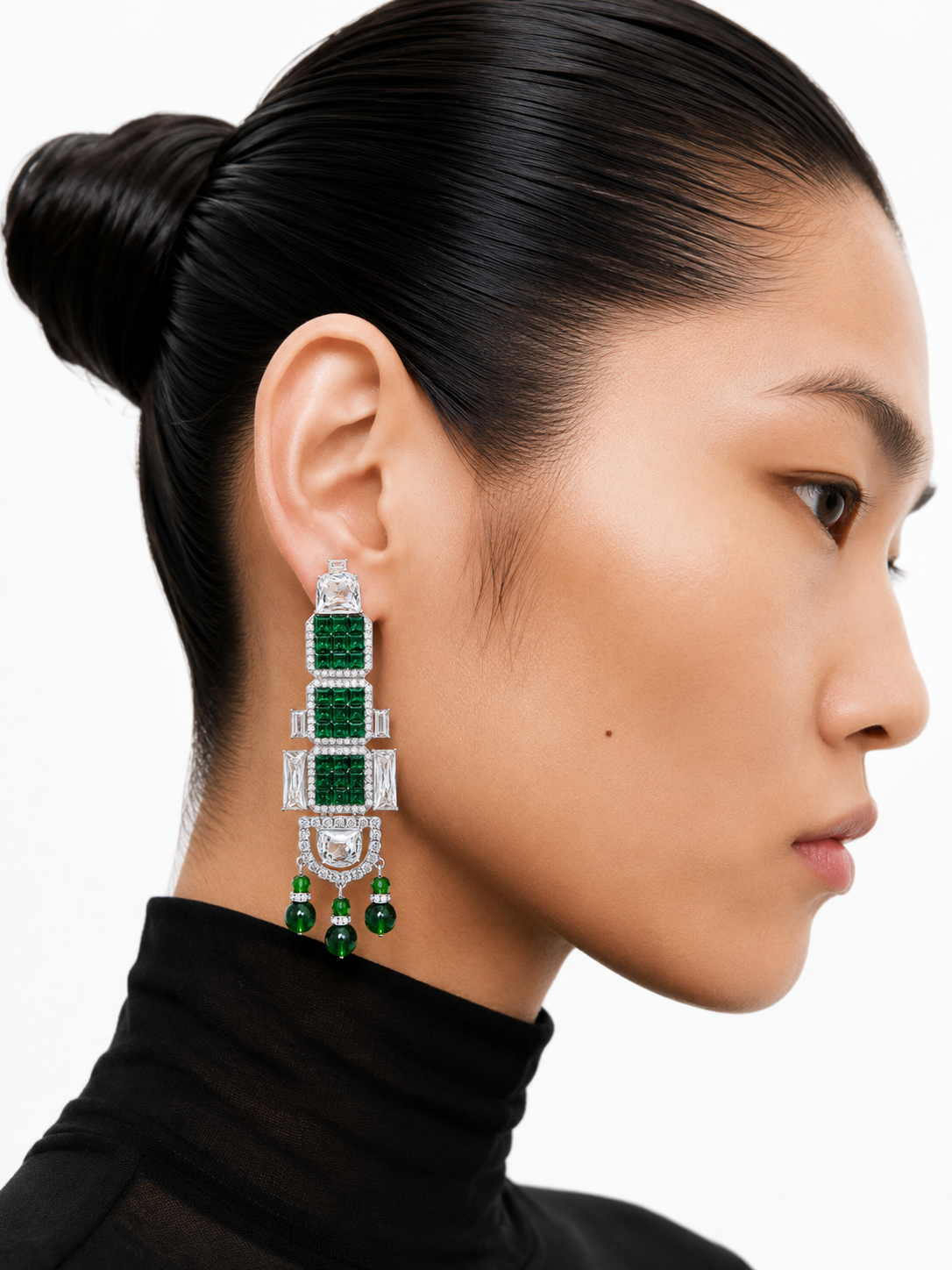 Silver-Tone Emerald Green Crystal-Style Statement Earrings-clip