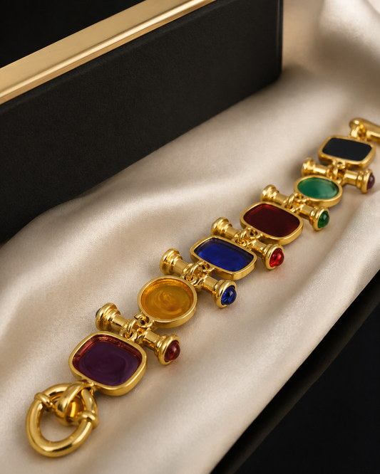 Vintage Gold-Tone Statement Bracelet with Colorful Stone-Style Accents