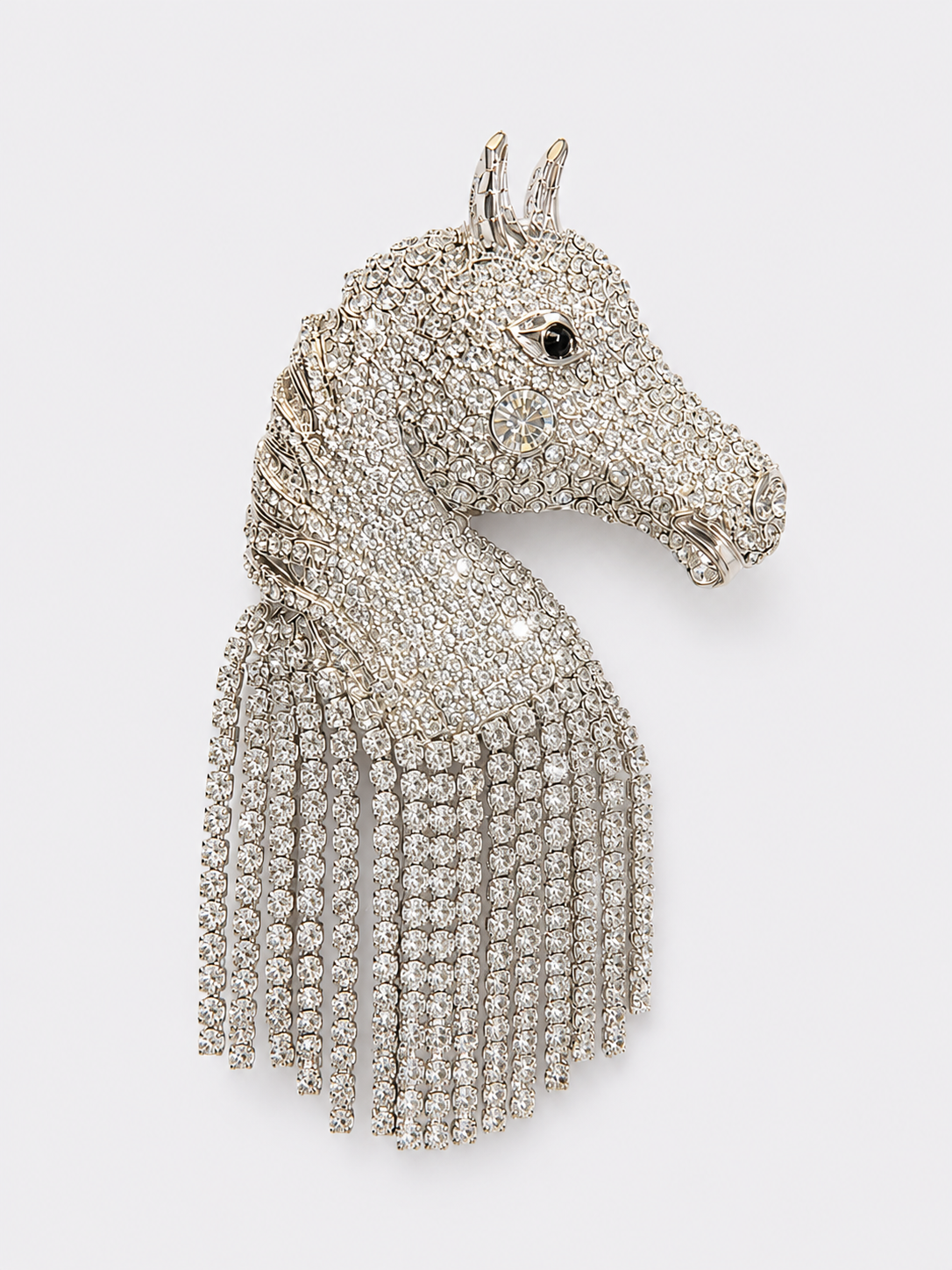 Silver-Tone Crystal-Style Horse Head Fringe Statement Brooch