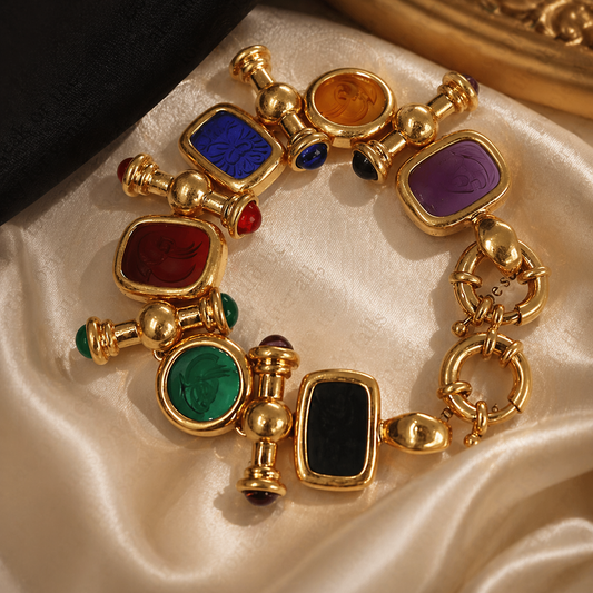 Vintage Gold-Tone Statement Bracelet with Colorful Stone-Style Accents