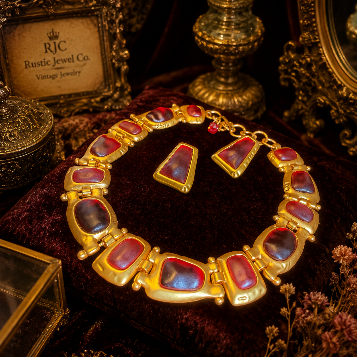 Gold-tone red stone-style statement necklace and stud earrings set front view