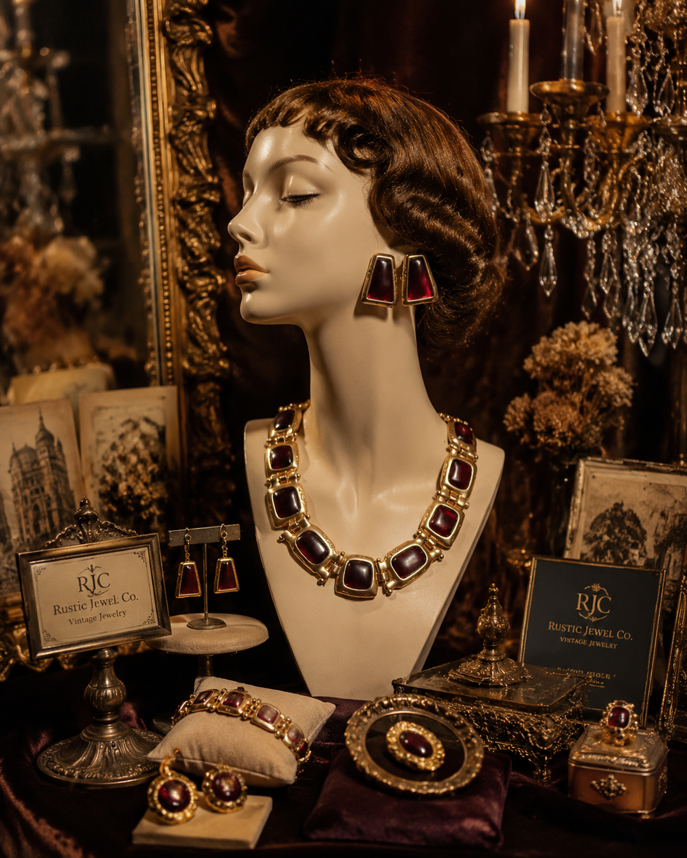 Gold-tone red stone-style necklace and stud earrings styled on display mannequin