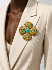 Gold-Tone Turquoise Stone-Style Floral Statement Brooch