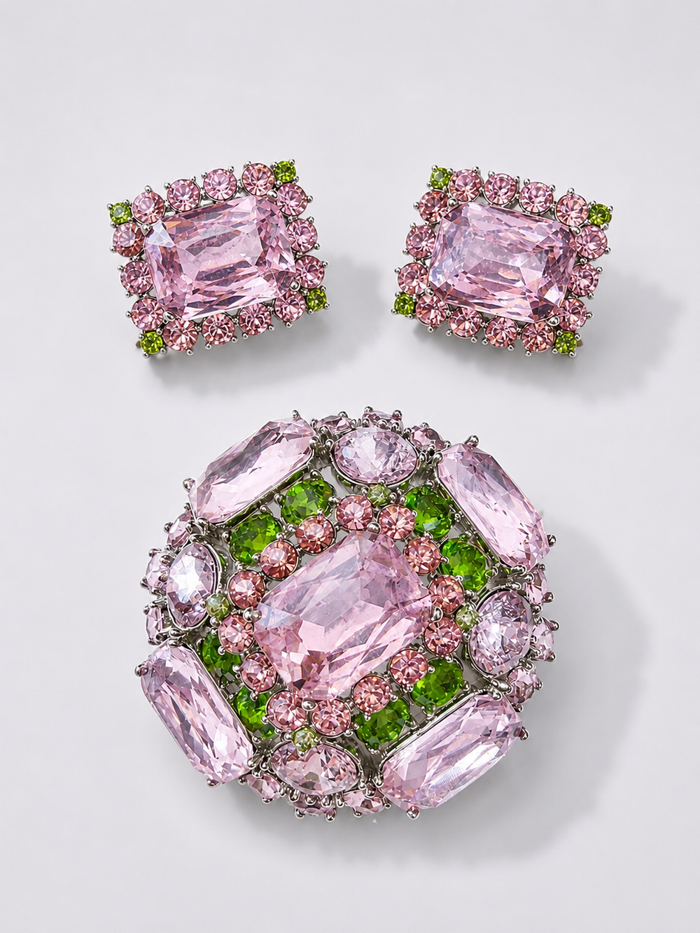 Silver-Tone Pink and Green Stone-Style Brooch and Earrings Set