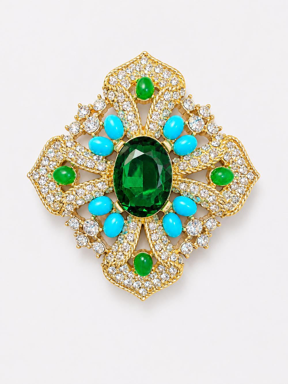 Gold-Tone Green and Turquoise Stone-Style Ornate Statement Brooch