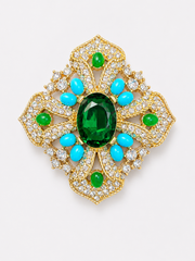 Gold-Tone Green and Turquoise Stone-Style Ornate Statement Brooch