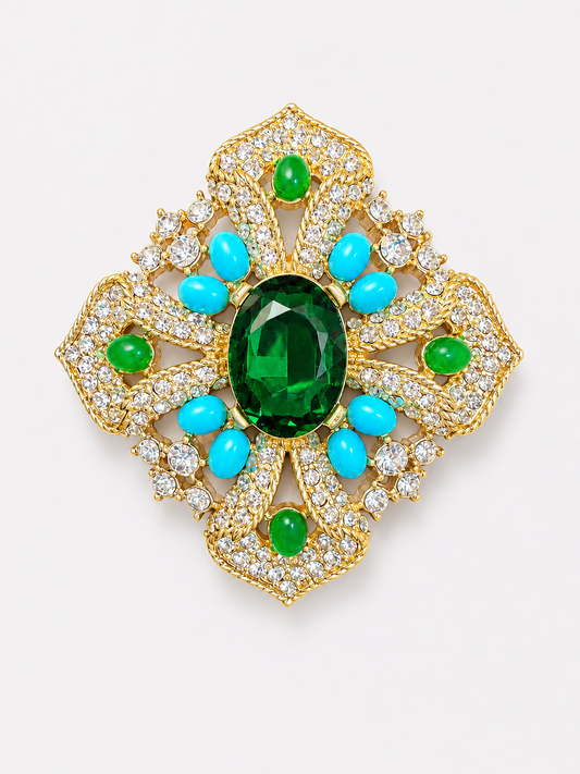Gold-Tone Green and Turquoise Stone-Style Ornate Statement Brooch