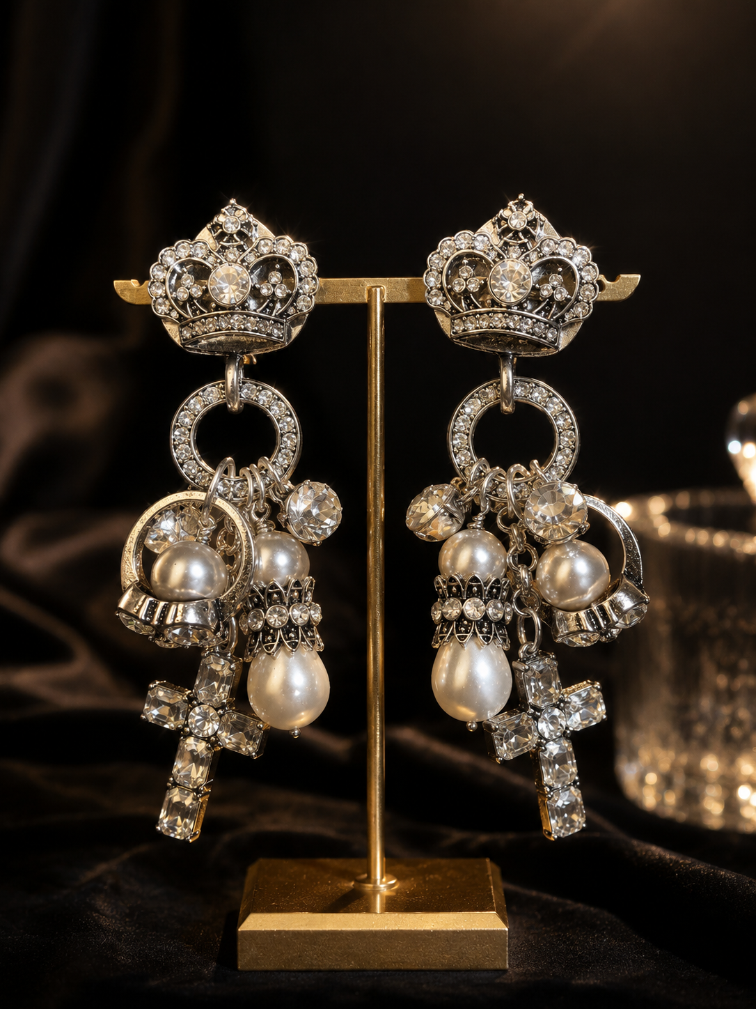 Silver-Tone Crown Crystal-Style Pearl-Style Cross Statement Ear Clip Earrings