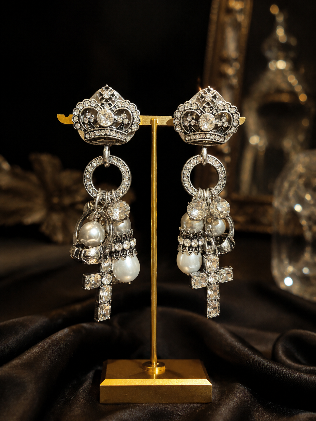 Silver-Tone Crown Crystal-Style Pearl-Style Cross Statement Ear Clip Earrings