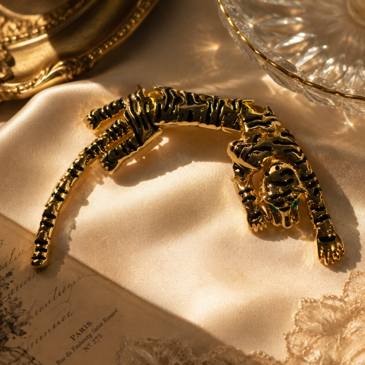 Gold-Tone Black Tiger Epaulette Statement Brooch