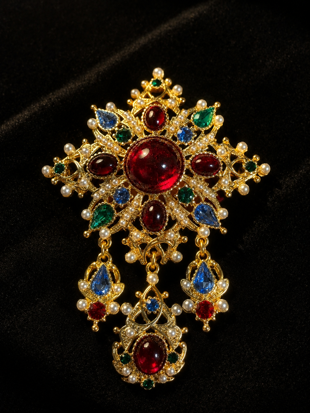 Gold-Tone Red Cabochon-Style Multicolor Crystal Pearl-Style Brooch and Stud Earrings Set