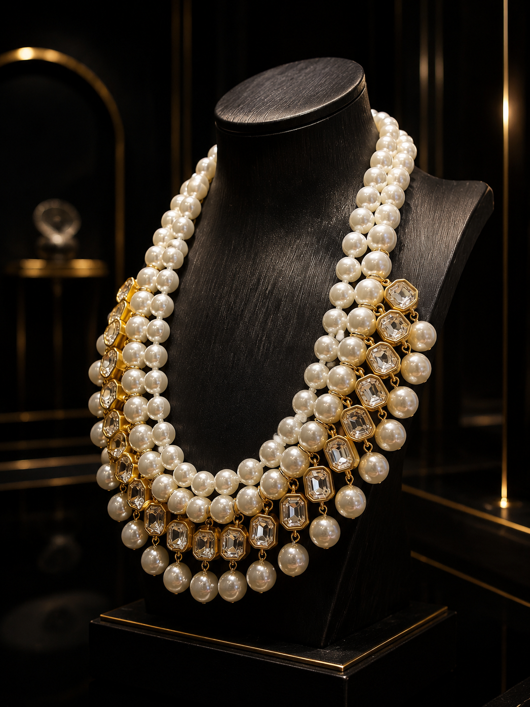 Gold-Tone Pearl-Style Clear Crystal Layered Statement Necklace