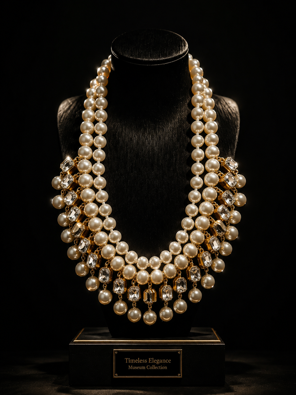 Gold-Tone Pearl-Style Clear Crystal Layered Statement Necklace