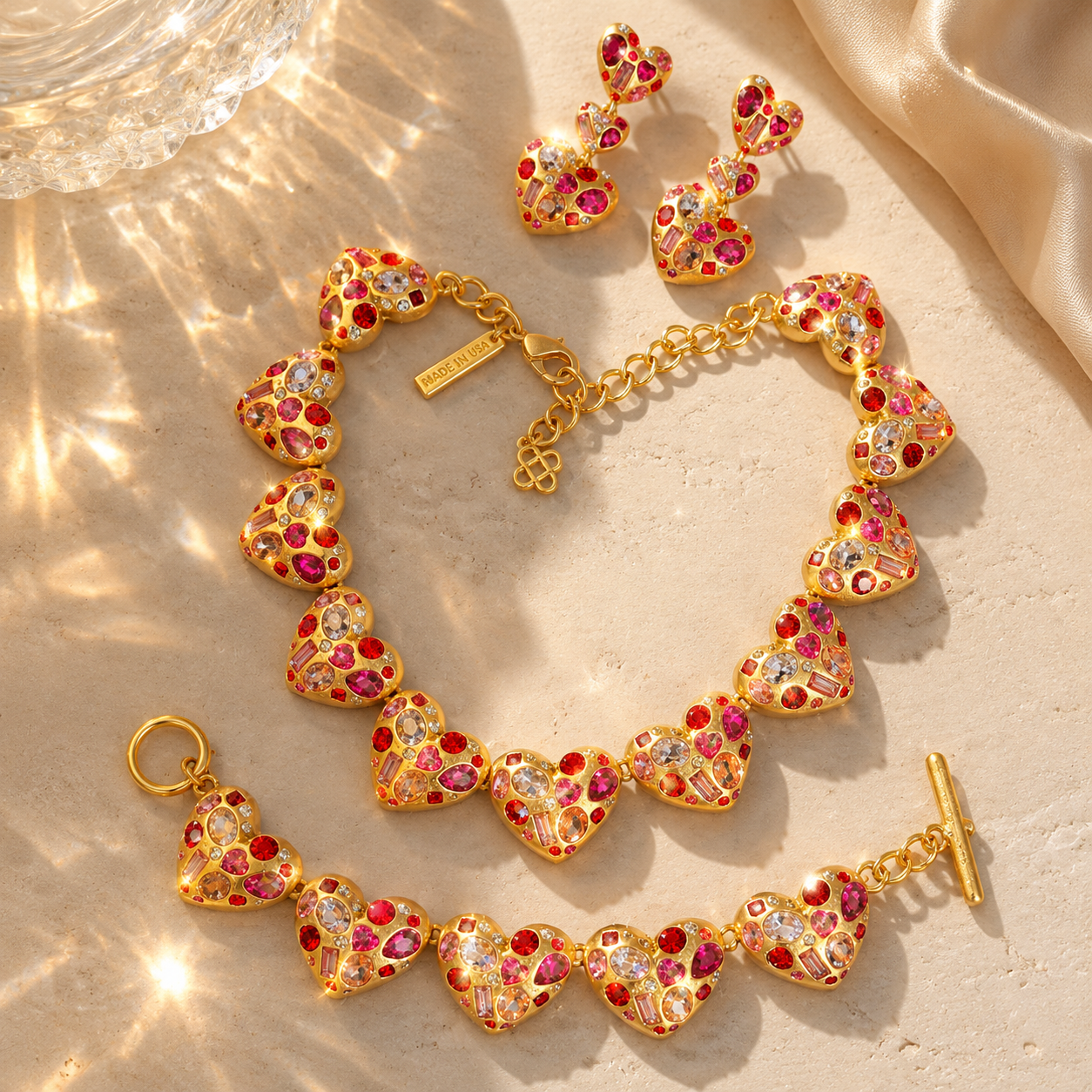 Gold-Tone Red Pink Crystal-Style Heart Necklace Bracelet and Earrings Set