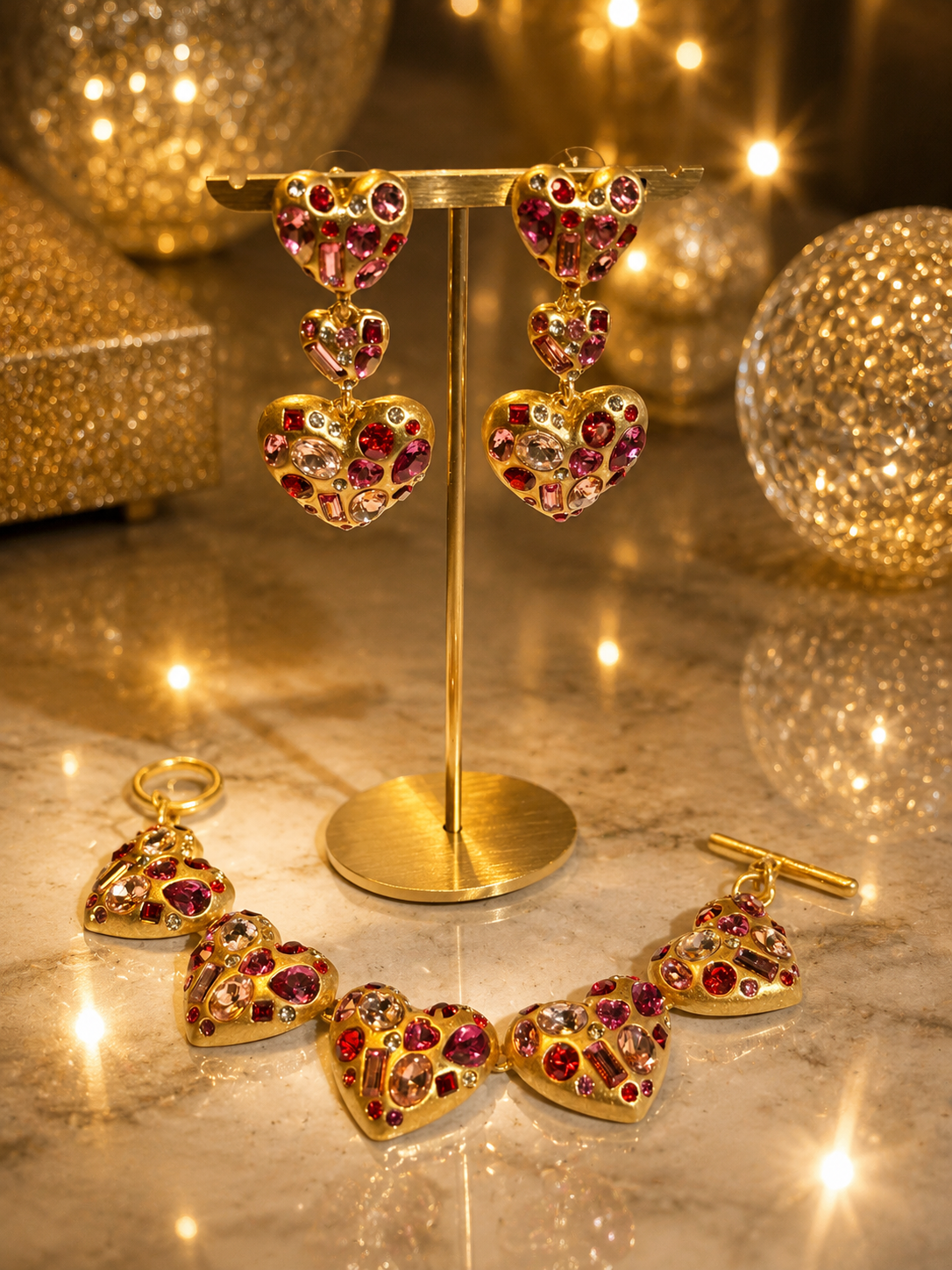 Gold-Tone Red Pink Crystal-Style Heart Necklace Bracelet and Earrings Set