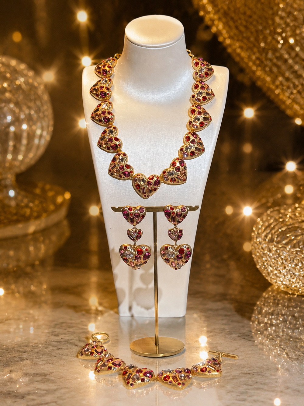 Gold-Tone Red Pink Crystal-Style Heart Necklace Bracelet and Earrings Set