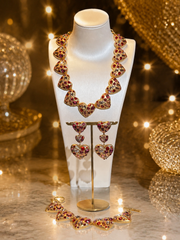 Gold-Tone Red Pink Crystal-Style Heart Necklace Bracelet and Earrings Set