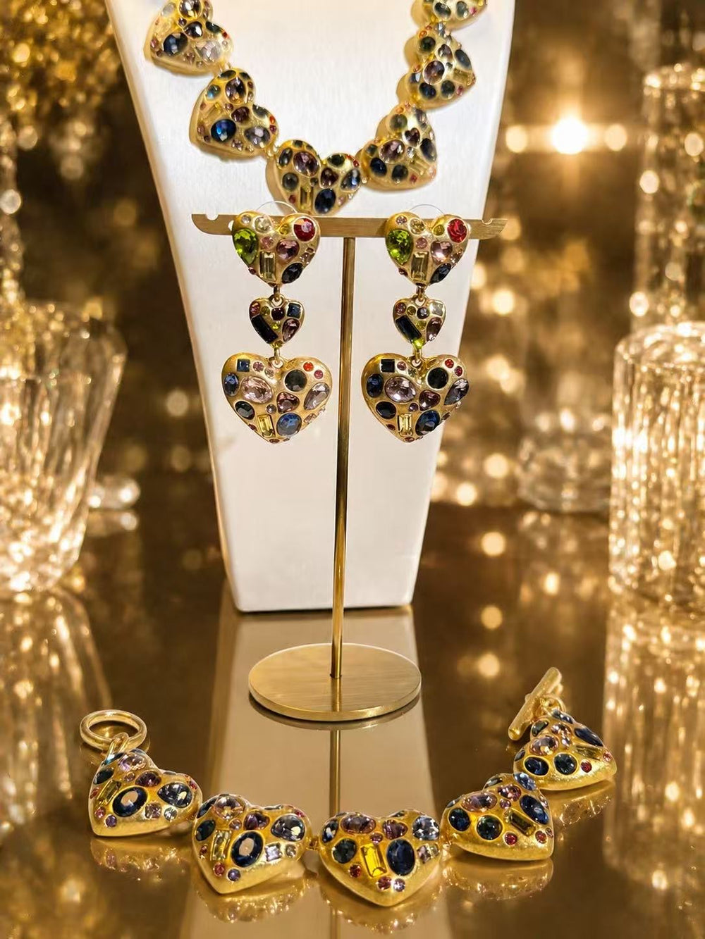 Gold-tone multicolor heart drop earrings with matching heart necklace and bracelet