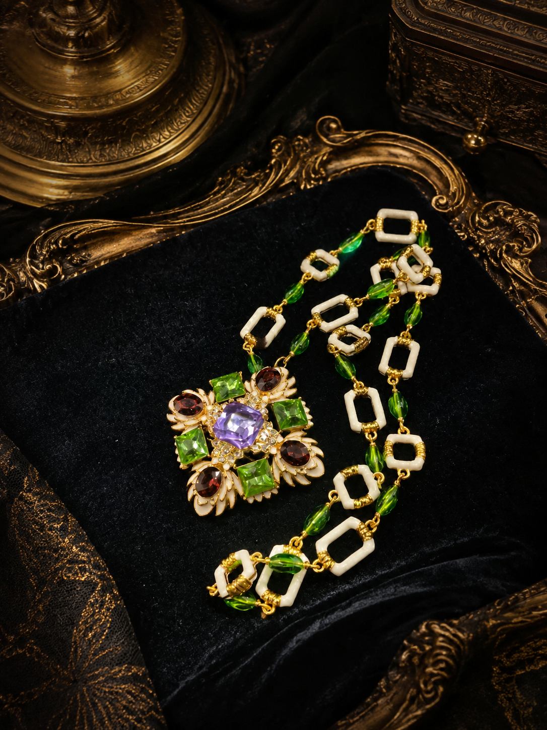 Gold-Tone Multicolor Enamel-Style Convertible Brooch Pendant Necklace