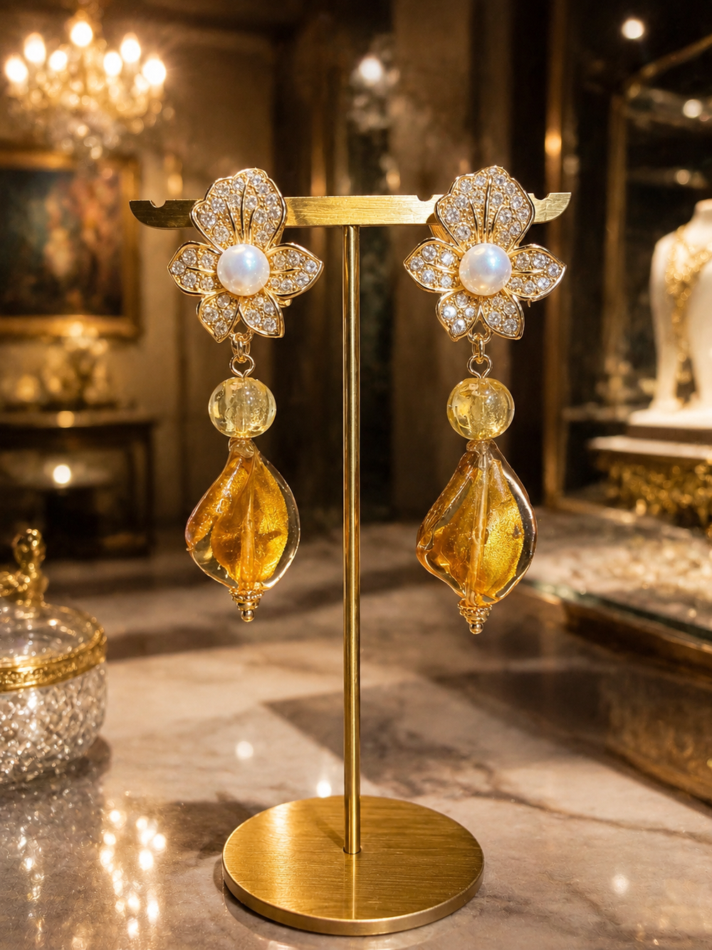 Gold-tone floral clip-on drop earrings with amber-tone accents front view