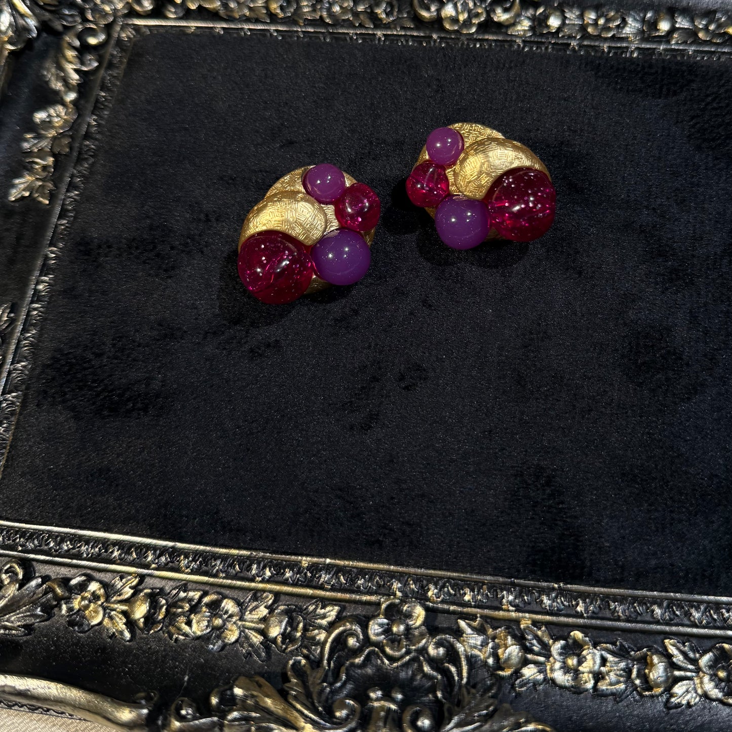 Domed Gold-Tone Clip-On Statement Earrings with Purple Accents