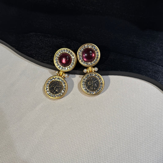 Vintage-Inspired Gold-Tone Medallion Drop Earrings with Burgundy Accents