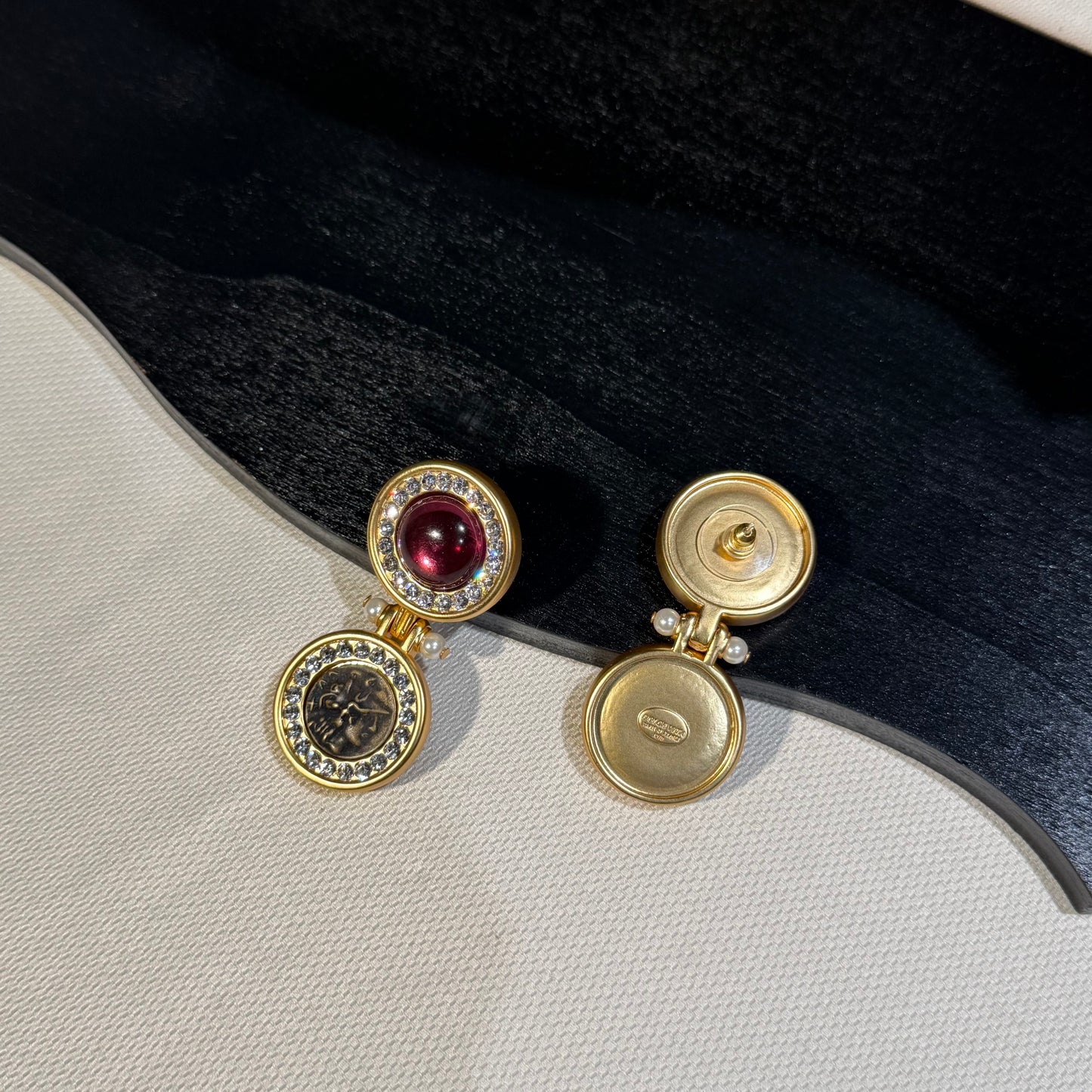 Vintage-Inspired Gold-Tone Medallion Drop Earrings with Burgundy Accents