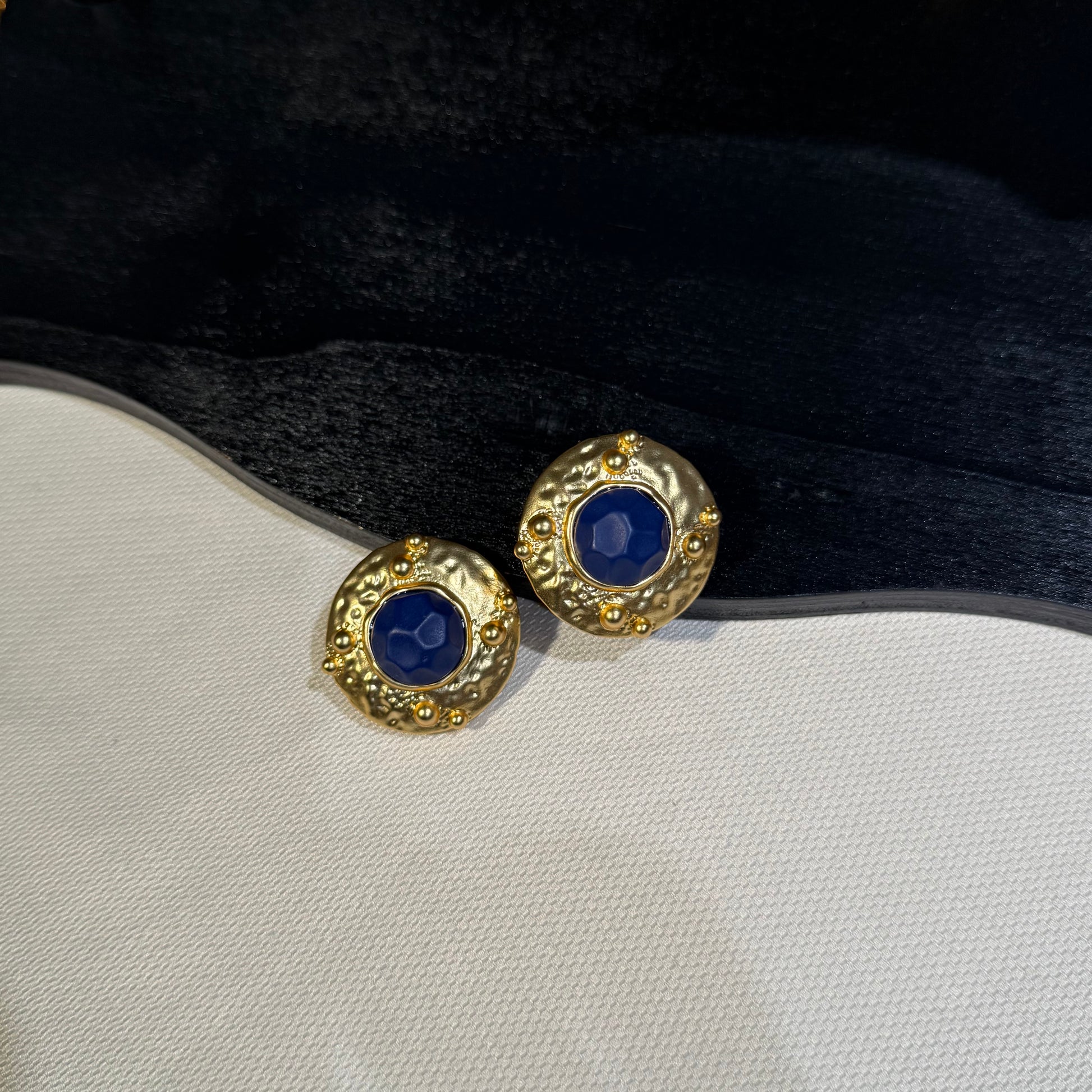 Textured Gold-Tone Clip-On Statement Earrings with Blue Stone-Style Centers