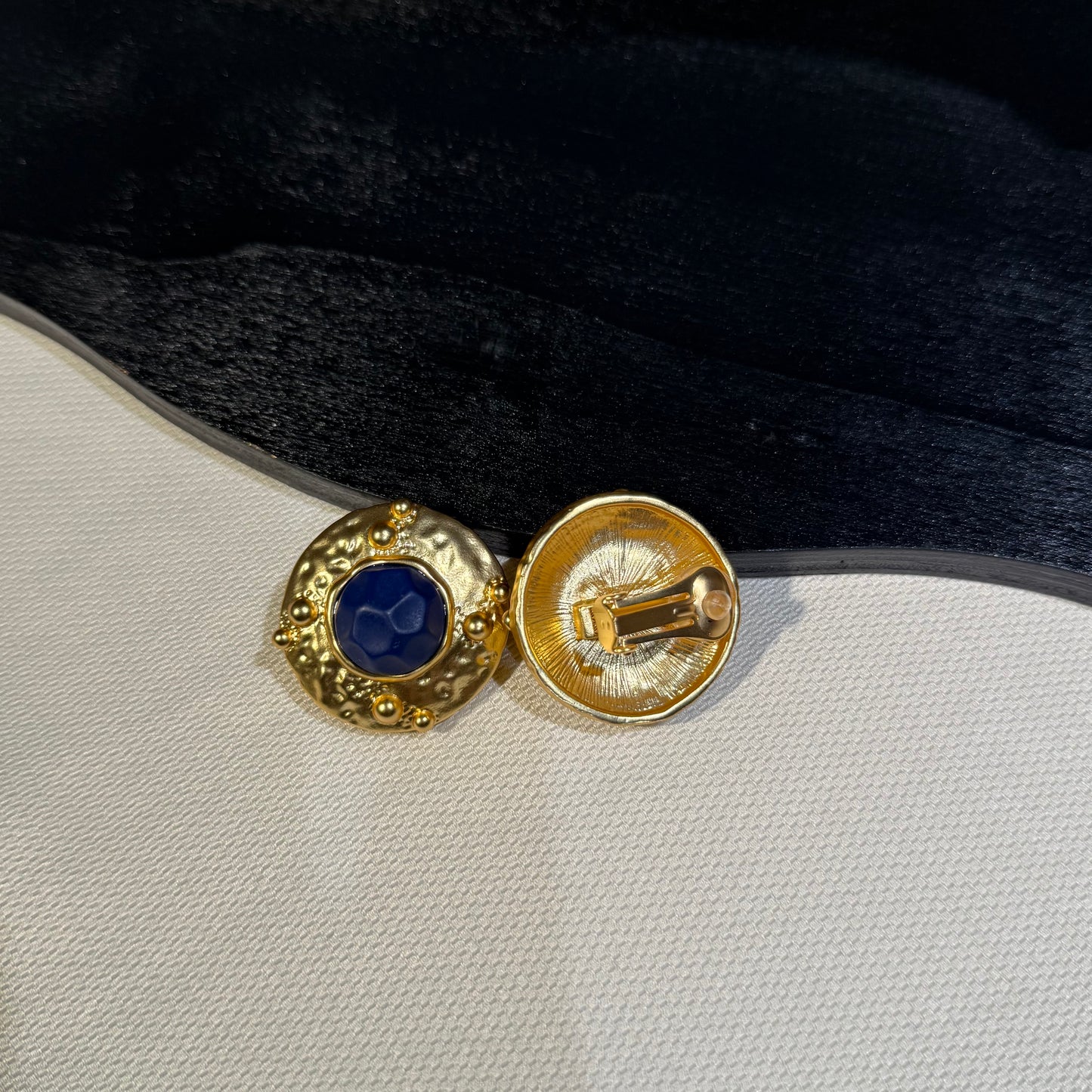 Textured Gold-Tone Clip-On Statement Earrings with Blue Stone-Style Centers