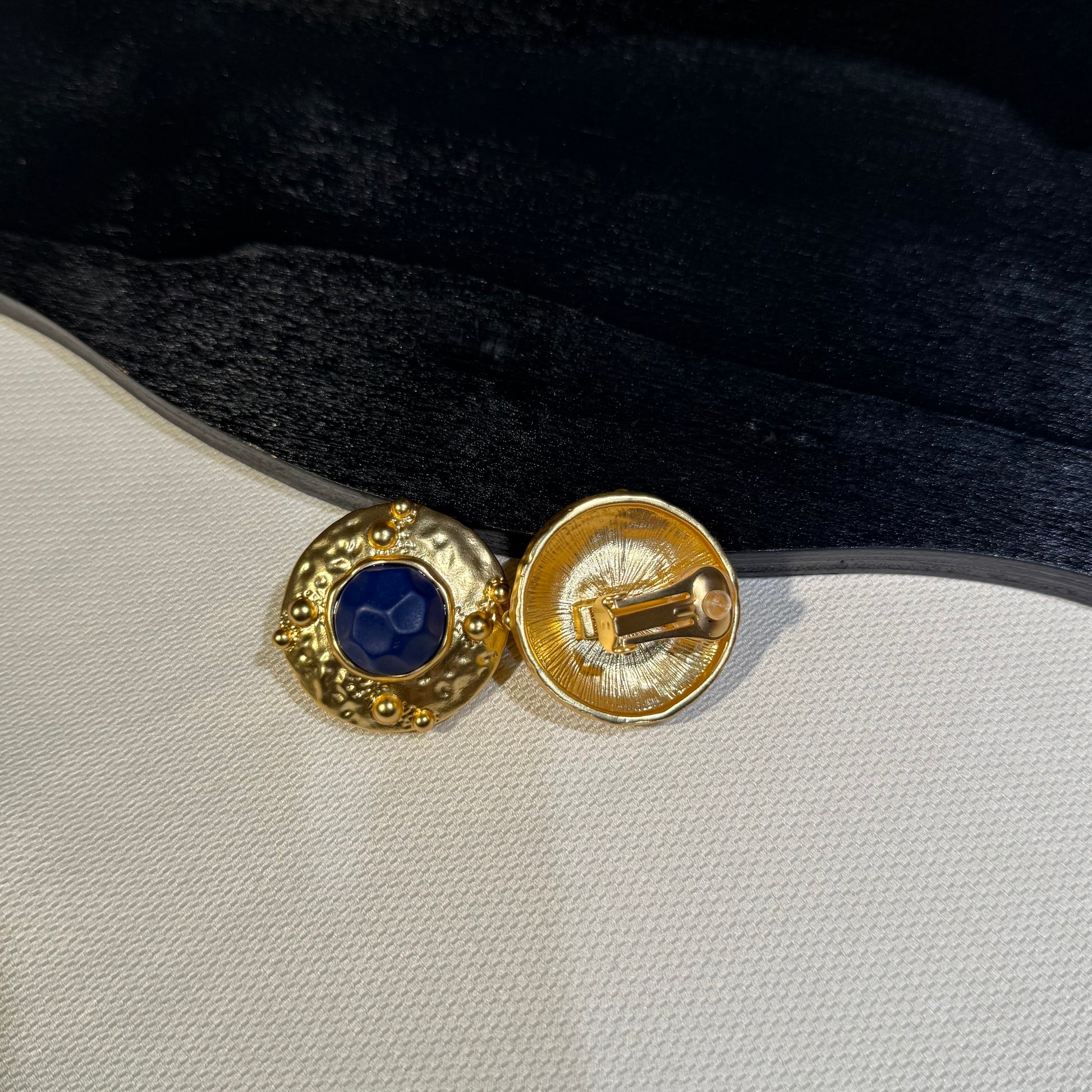 Textured Gold-Tone Clip-On Statement Earrings with Blue Stone-Style Centers