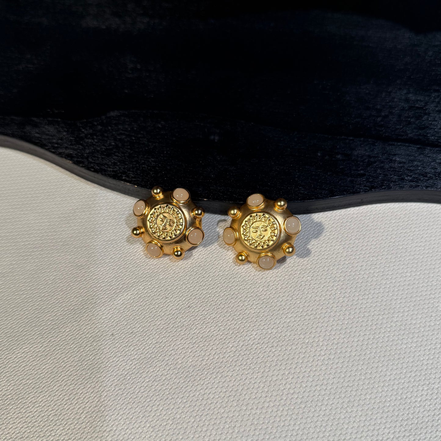 Gold-Tone Sun Motif Statement Earrings with Ivory Accents