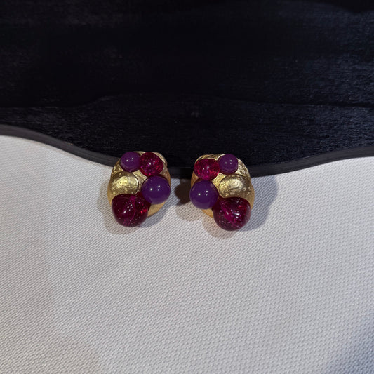 Domed Gold-Tone Clip-On Statement Earrings with Purple Accents
