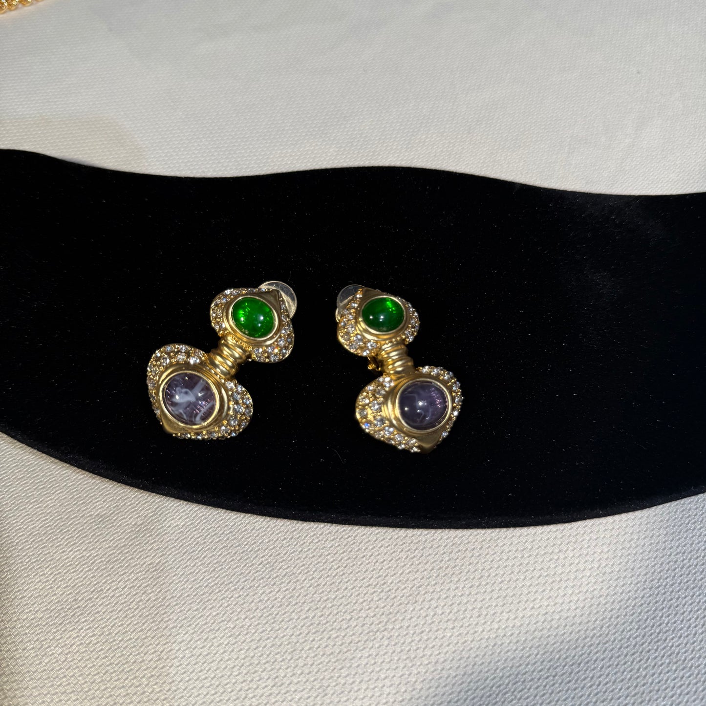 Gold-Tone Clip-On Drop Earrings with Green and Smoky Gray Accents