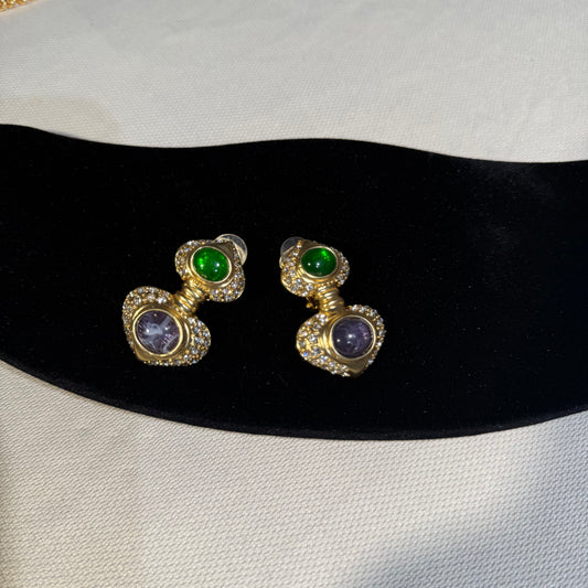 Gold-Tone Clip-On Drop Earrings with Green and Smoky Gray Accents