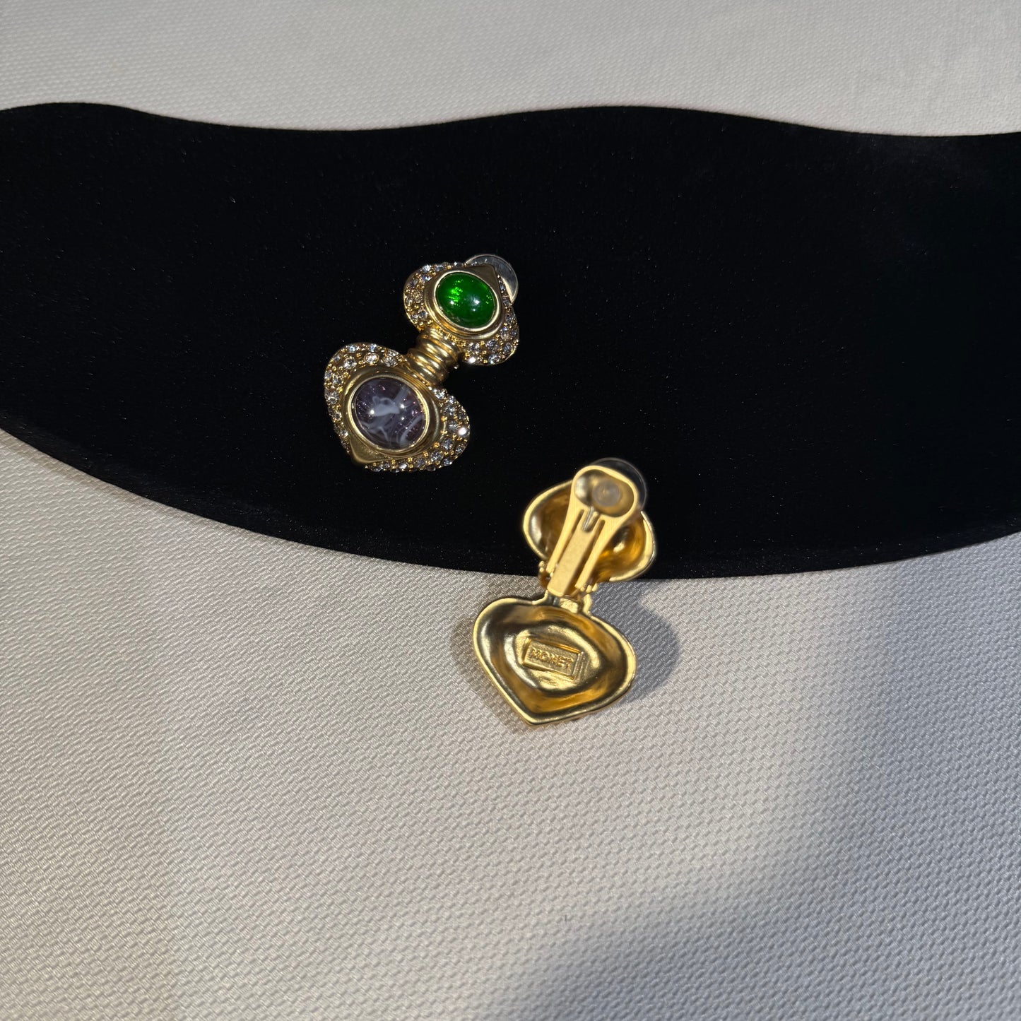Gold-Tone Clip-On Drop Earrings with Green and Smoky Gray Accents