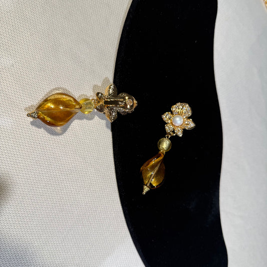 Gold-Tone Floral Clip-On Drop Earrings with Amber-Tone Accents