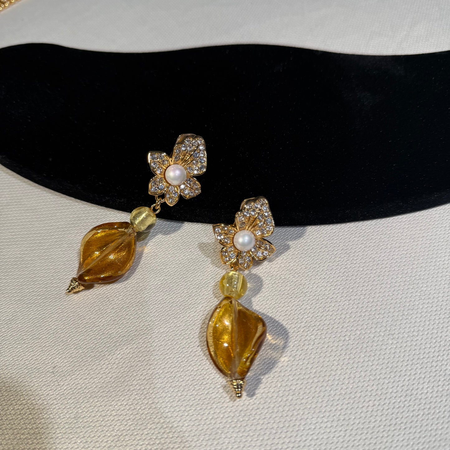 Gold-Tone Floral Clip-On Drop Earrings with Amber-Tone Accents