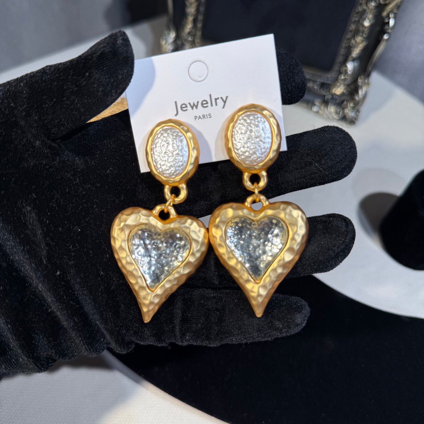 Gold-Tone Heart Clip-On Drop Earrings with Silver-Tone Centers