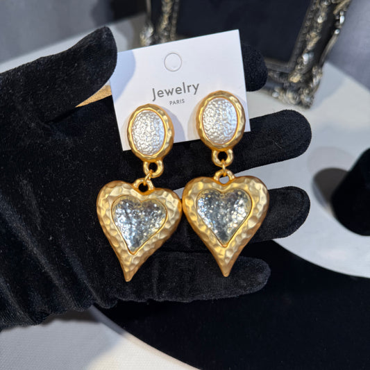 Gold-Tone Heart Clip-On Drop Earrings with Silver-Tone Centers