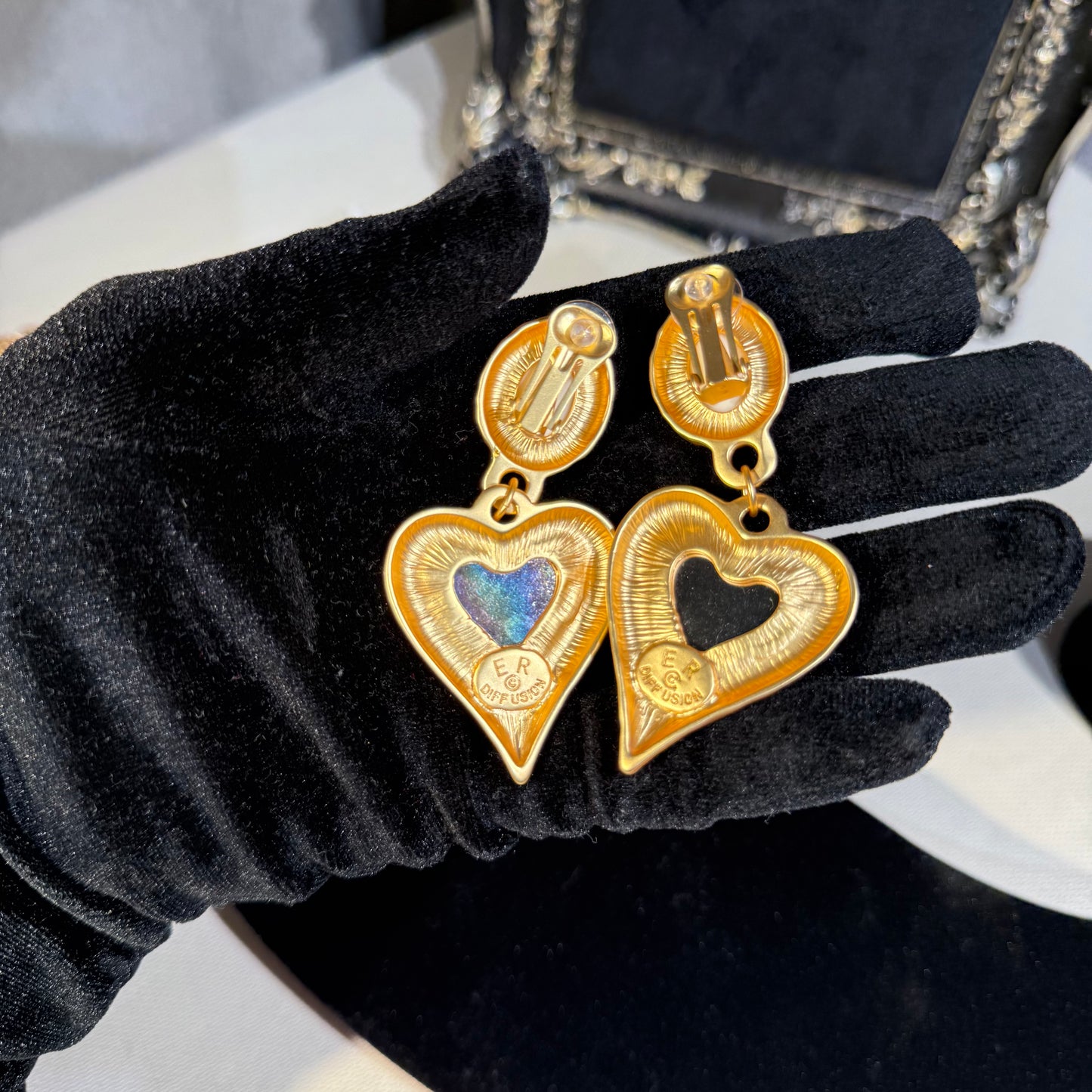 Gold-Tone Heart Clip-On Drop Earrings with Silver-Tone Centers