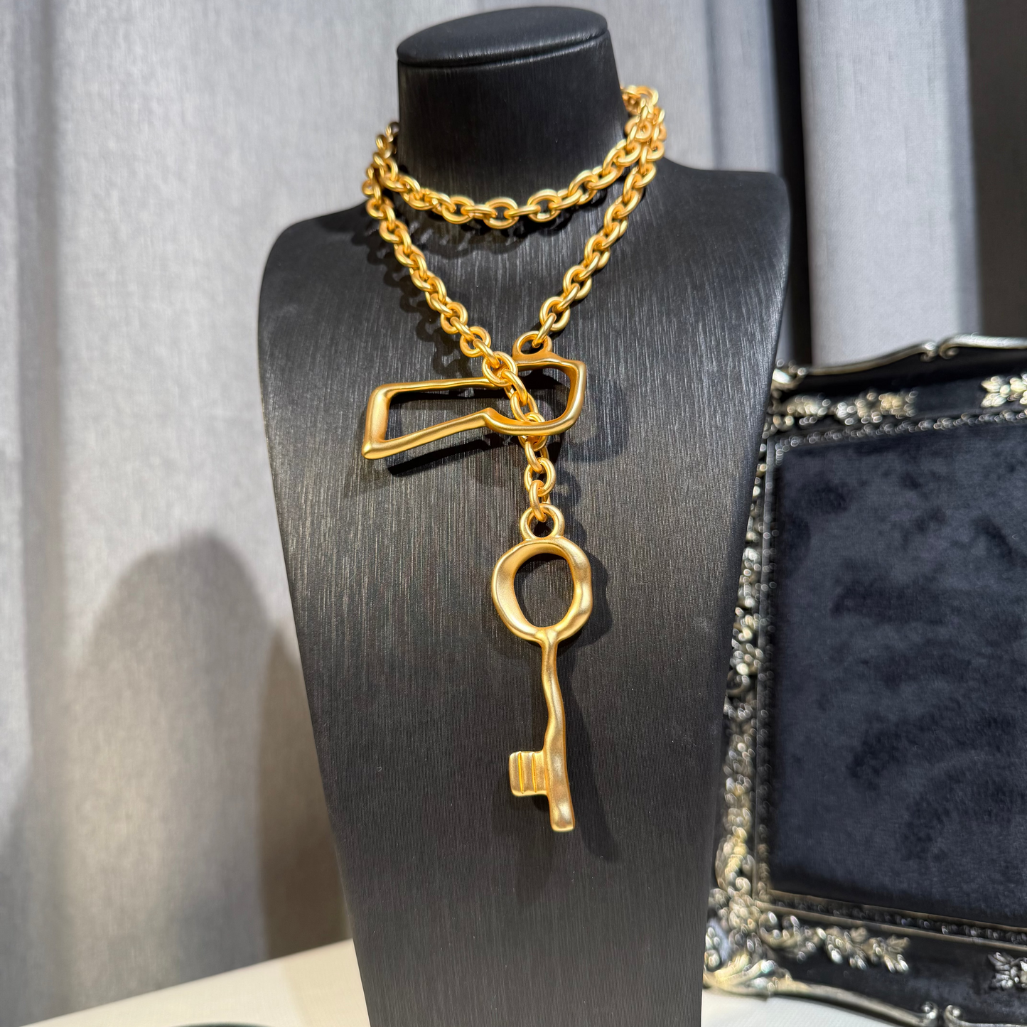 Gold-Tone Key Pendant Statement Necklace with Oversized Chain