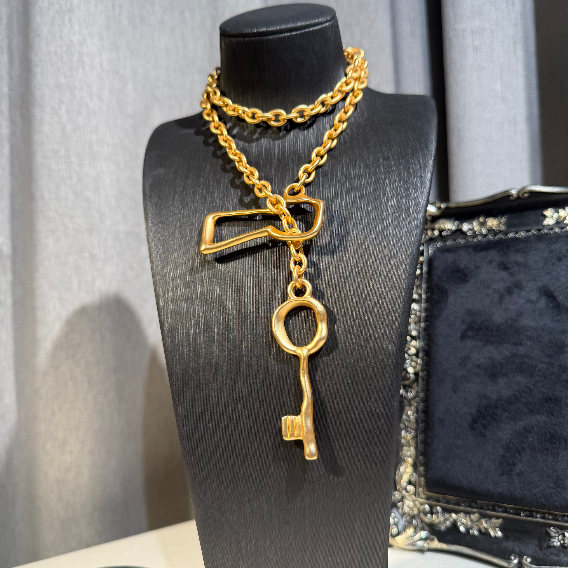 Gold-Tone Key Pendant Statement Necklace with Oversized Chain