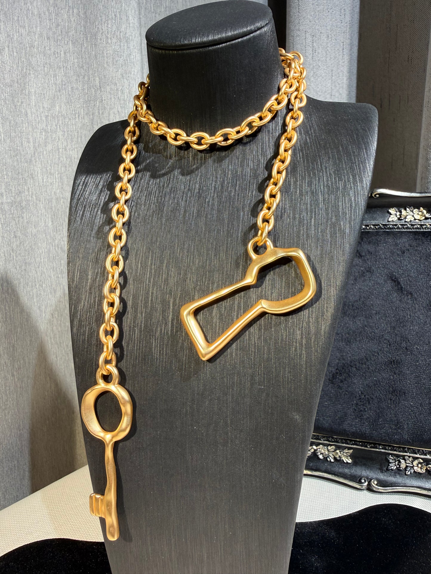 Gold-Tone Key Pendant Statement Necklace with Oversized Chain
