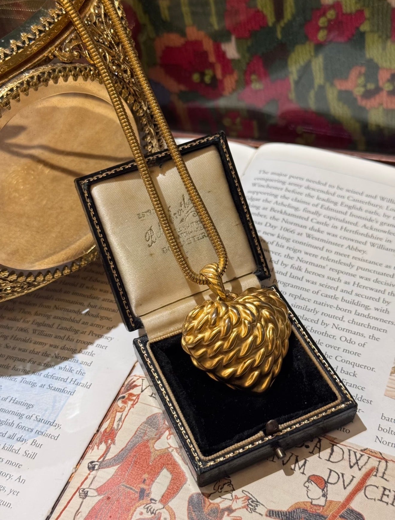 Gold-tone textured heart pendant necklace with coordinating chain
