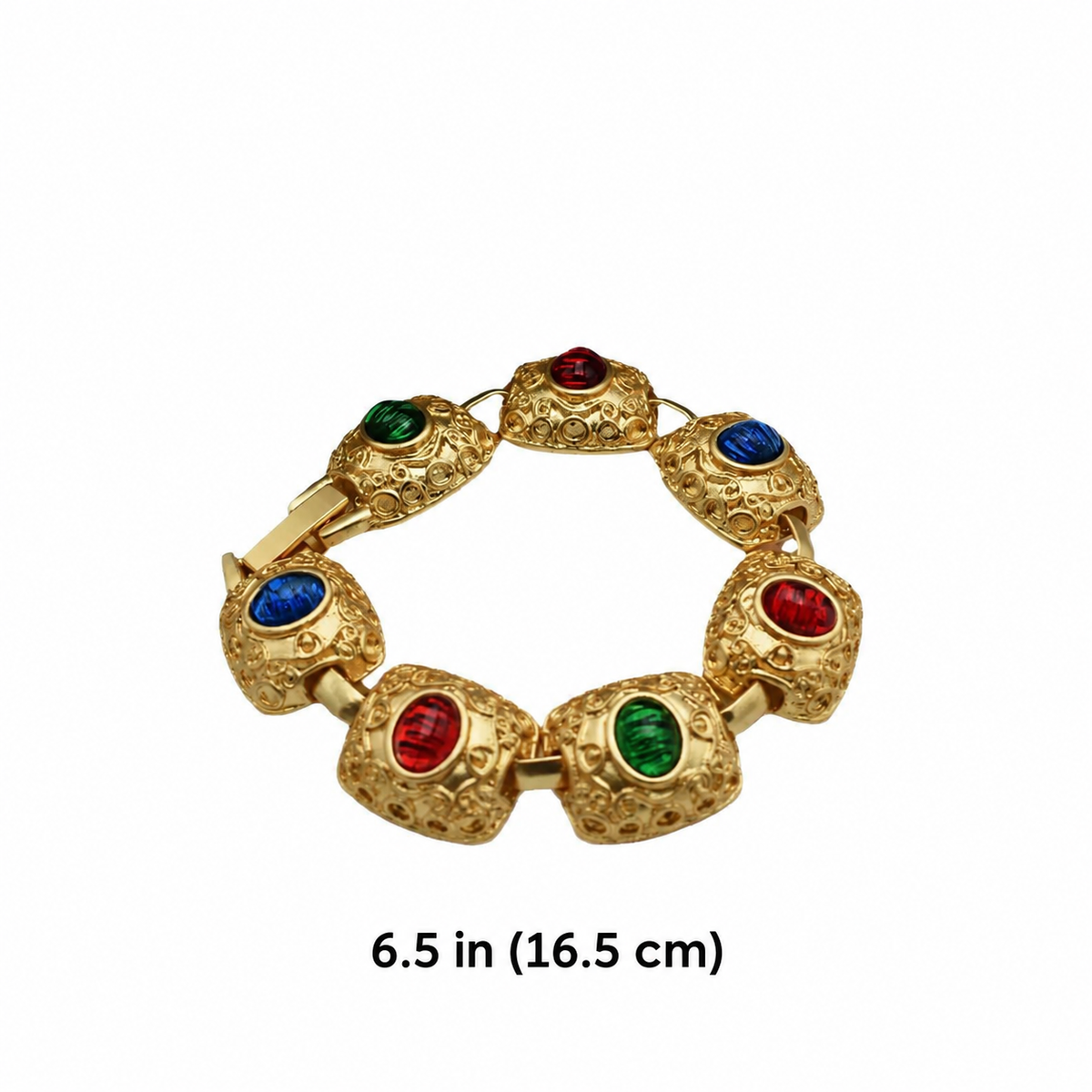 Gold-tone link bracelet with red, green and blue oval accents, shown with a 6.5 inch length label
