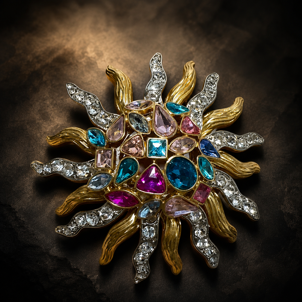 Front view of a two-tone sunburst statement brooch with multicolor faceted rhinestones