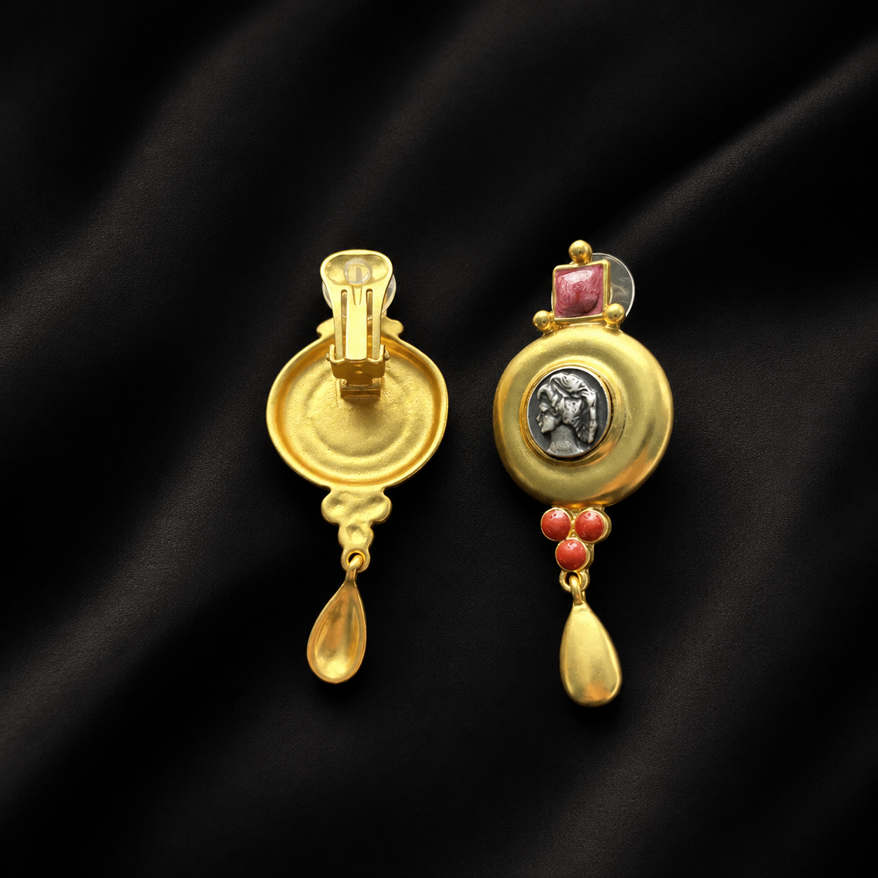 Front and back view of Apollo relief earrings showing the clip-on fastening