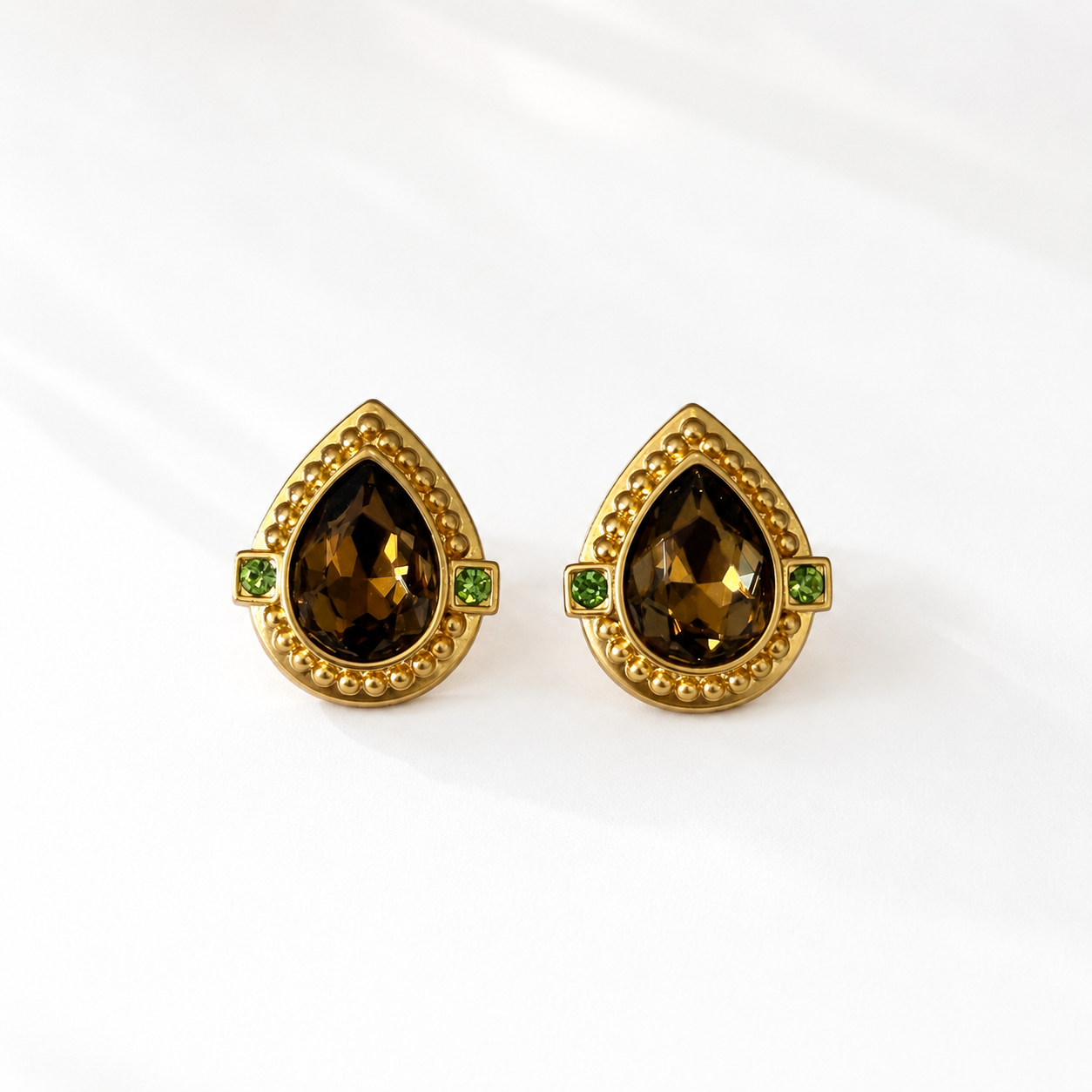 Brown sparkling teardrop statement stud earrings