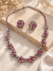 Style A pink floral necklace and matching stud earrings with iridescent faceted stones