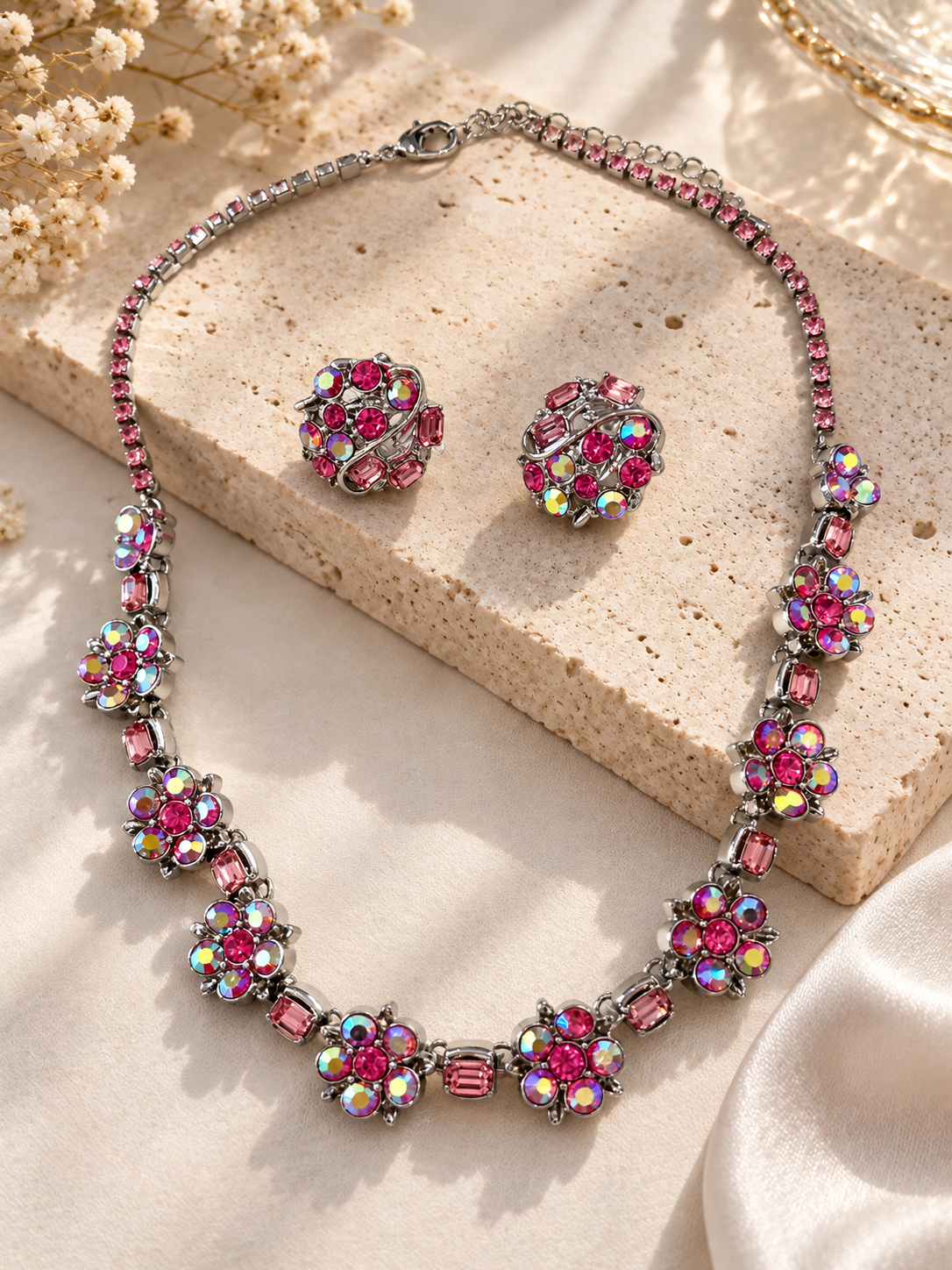 Style A pink floral necklace and matching stud earrings with iridescent faceted stones